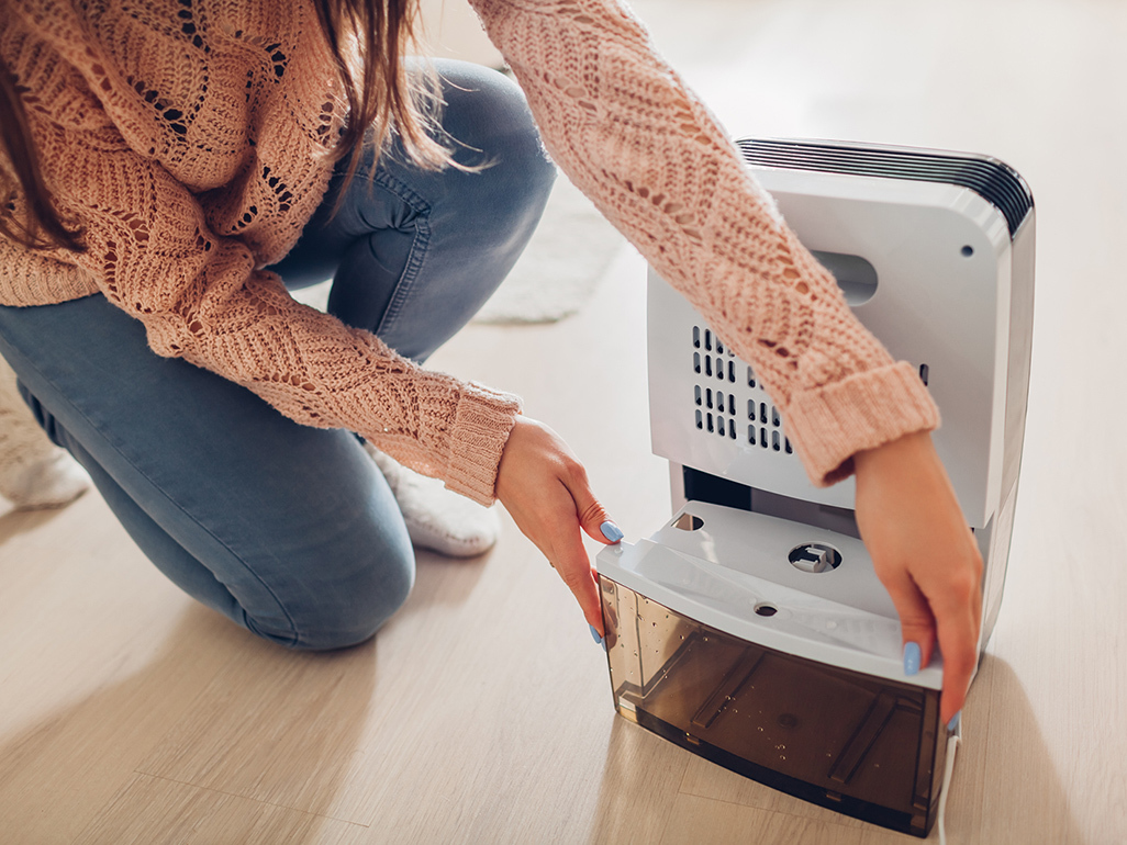 Woman changing water container of dehumidifier at home